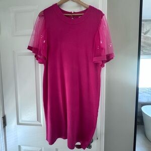 Hot Pink Midi Dress with Sheer Embellished Sleeves